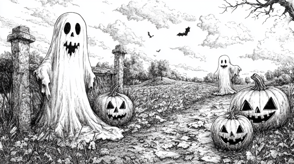 These 30 Halloween Drawing Ideas Will Give You All the Spooky Vibes! 33 halloween drawing ideas ghosts and pumpkins at a street